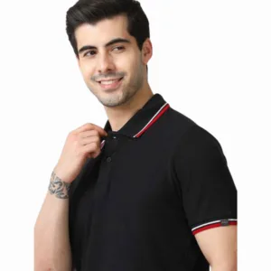 MARKS & SPENCERS POLO NECK BLACK T-SHIRT -COTTON PLAIN WITH TIPPING