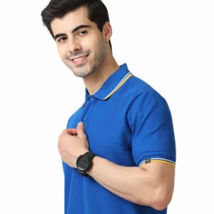 Marks & Spencers Polo Neck Royal Blue T-Shirt-Cotton Plain With Tipping